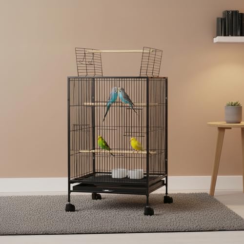 Image of Amazon Basics 30-Inch Metal Bird Cage with Gate | Feeders, Wooden Perches & Tray | Ideal for Lovebirds, Parrots & Small Birds | 3 Levels| Black
