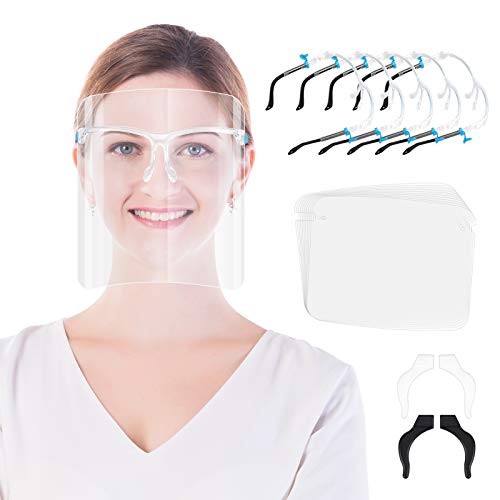 5 Pack Safety Face Shield with Glasses Frames Reusable Adjustable and 10 Replaceable Protective Shields Anti Fog Oil Splash Full Face Eyes Protection Plastic Guard Transparent for Kids Adult Outdoor