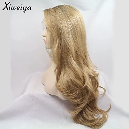 xiweiya Long Natural Wave Ombre Brown Blonde Synthetic Lace Front Wigs with Brown Roots 2 Tones Side Part Wig Heat Resistant Fiber Hair Wigs For Women Replacement Everyday Wigs 24"