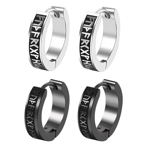 Norse Viking Runes Hoop Earrings, Stainless Steel Punk Huggie Hoop Earrings Set for Men Women 2 Pairs