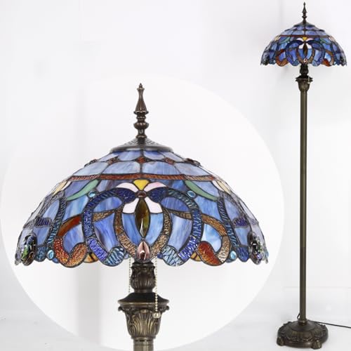 WERFACTORY Tiffany Floor Lamp Blue Purple Cloudy Stained Glass Standing Reading Light 16X16X64 Inches Antique Pole Corner Lamp Decor Bedroom Living Room Home Office S558 Series