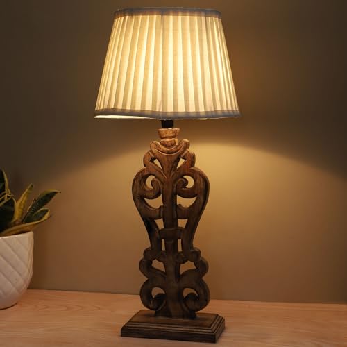 Image of tu casa Mangowood Rustic Brown French Table Lamp for Home Decoration, Bedroom, Living Room, Lounge, Office, Festival Gifting, Study Table (Off White with Satin Shade) H - 21 inch / No Blub