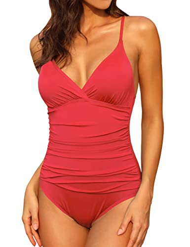 Image of Firpearl Women's Tummy Control One Piece Bathing Suits V Neck Swimsuits Hand-Braid Macrame Ruched Slimming Swimwear