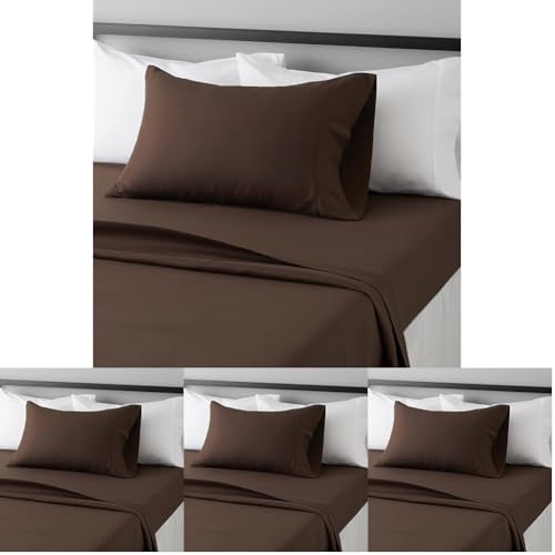Image of Amazon Basics Lightweight Super Soft Easy Care Wrinkle Free Microfiber 3 Piece Bed Sheet Set with 14-Inch Deep Pockets, Twin, Chocolate, Solid, Kids, Men & Women Bedding (Pack of 4)