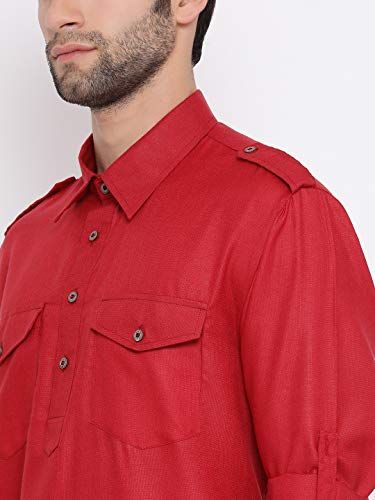 Image of VASTRAMAY Men's Cotton Blend Pathani Kurta Set || Stylish Pathani Style Kurta with Roll Up Sleeves and Relaxed Fit Patiala Salwar