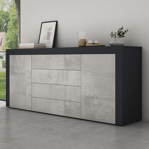 Mai & Mai Meuble de Rangement avec 2 Portes et 4 Tiroirs Casier de Rangement Polyvalent Buffet Gris Noir Mat + Béton 167x36x70 cm SR03