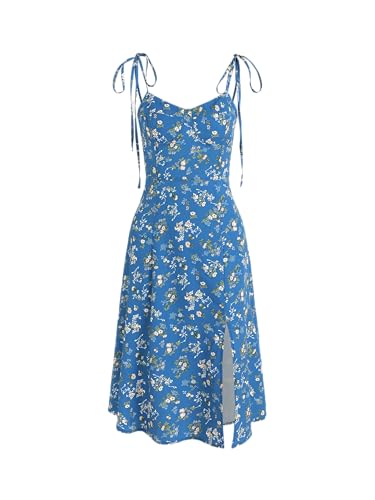 Image of CIDER Summer Dress Floral Midi Dress Tie Shoulder Square Neck Vacation Beach Dress Blue