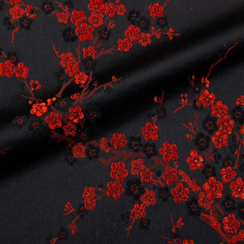 GNSN Chinese Damask Embroidery Fabric Plum Blossom Faux Silk Jacquard Brocade Cloths for Qipao Materials (Black Red,29x39 in/75x100 cm)