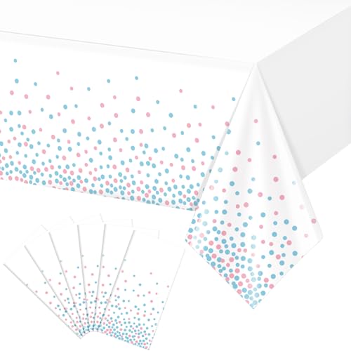 Image of 6Pack White and Pink Blue Plastic Tablecloth, White Disposable Table Cloth for Rectangle Tables, Pink Blue Stamping Dot White Tablecloth for Gender Reveal Baby Shower Birthday Party Supplies, 54 inchx108 inch