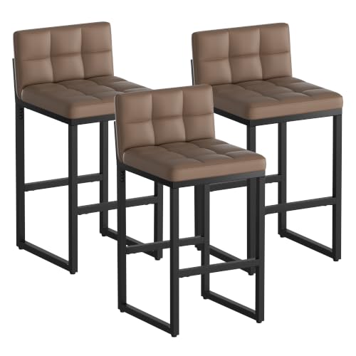 Image of Bar Stools Set of 3, Modern Counter Height Barstools, Coffee | 24 inch Faux Leather Bar Chairs with Back, Footrest, Sturdy Thickened Metal Leg, Upholstered Counter Stools for Kitchen Island