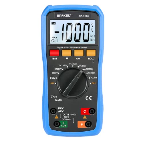 SNAKOL Digital Ground Resistance Tester, True RMS Earth Meter AC/DC Voltage Multimeter Backlight LCD Data Hold Rechargeable Full Test Kit for Electrician Ground Lightning Test