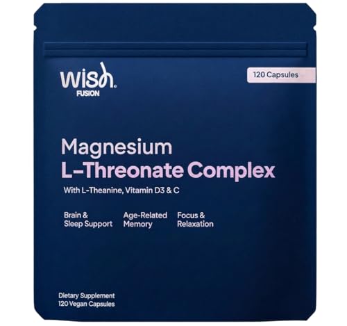 Wish Fusion Magnesium L-Threonate Complex with L-Theanine Vitamin D3 & C - High Strength Magnesium for Sleep Brain Support Focus & Relaxation Age Related Memory Support for Women Men