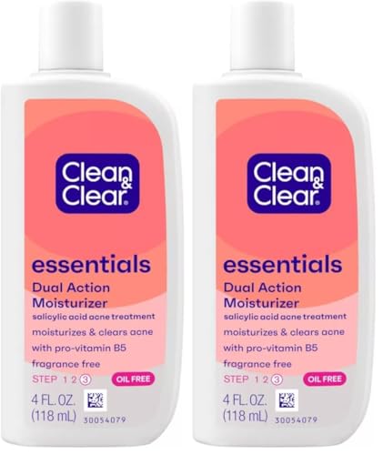 Image of Clean & Clear Essentials Dual Action Facial Moisturizer with Salicylic Acid Acne Medication to Treat Acne and Prevent Pimples, Oil Free Face Moisturizer Cream for Acne-Prone Skin, 4 oz (Pack of 2)