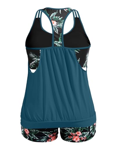 Image of Womens Plus Size Tankini Swimsuit Two Piece Tummy Control Bathing Suit | Blouson Racerback Tankini Top with Shorts, Double Up Design, Removable Pad