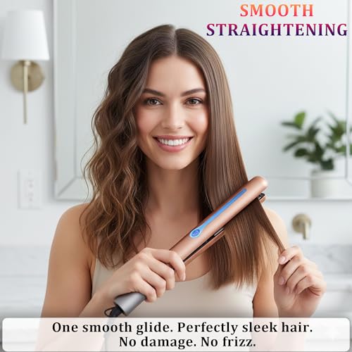 Image of NITION Ceramic Tourmaline Hair Straighteners LCD Flat Iron MCH 10s Fast Heating Up. 1 inch Smooth 3D Floating Plate Healthy Straightening Tools. Heat-Proof Glove. Dual Voltage Travel. Gold