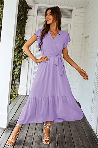 PRETTYGARDEN Women's Summer Floral Boho Maxi Dress Wrap Short Sleeve V Neck Ruffle A-Line Flowy Wedding Guest Long Dresses