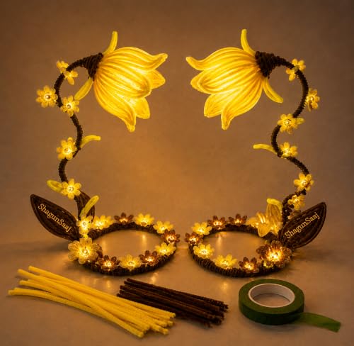 Image of ShagunSaaj Pipe Cleaner Flower Showpiece with LED DIY Kit for Adult & Kids Craft DIY, Aesthetic Home Decor, Office Desk Decor, Personalised Gifting, Non Withering Flowers (Yellow)