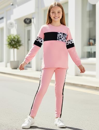 Image of PATPAT Girls Clothes Size 7-8 Years, Girls Fall Outfits, Pink Leopard Color Block Sweatshirts + Pink Legggings 2 Piece Outfits Kids Clothing Sets Sweat Suit Tracksuit Set