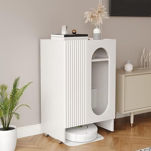 Robot Vacuum Storage Cabinet with Tempered Glass Door, Mobile Sweeping Robot Organizer Rack for Living Room, Office, Kitchen - Modern White, 50x40x92cm