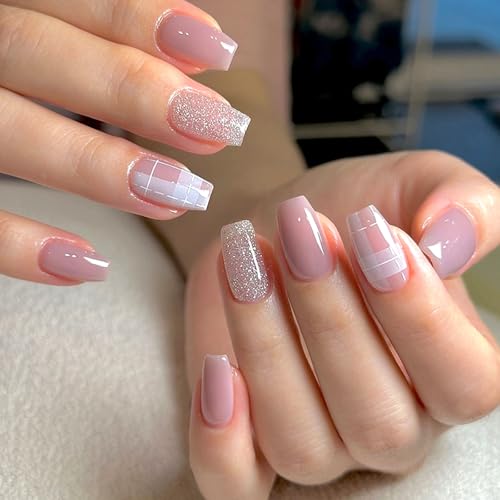 MAOTTIE Short Coffin Press On Nails, 24 Pink Glitter Glossy Fake Nails with Plaid Lines Design, Full Cover Nails, Quick to Put On, ABS Plastic Material