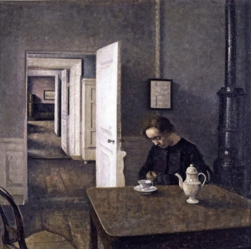 Toile peinture murale femme buvant du thé Vilhelm Hammershoi décoration salon 60x90cm