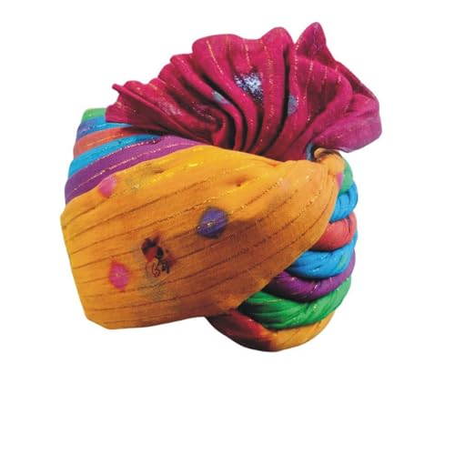 Image of DEHATIBAZAR | Traditional Turban with Tail | Safa with Bow | Red Base with Navy, Green, Orange Stripes | Rajasthani Safa | Provided with rubber ball support and packed in a corrugated box