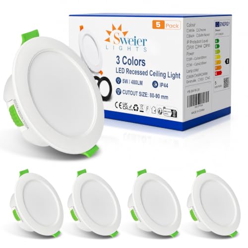 Sweier IP44 Focos LED Interior Techo 5W Regulables 3000K/4000K/6000K con Brillo de 5% 100%, Downlight LED Techo Empotrable AC220 240V, Orificio 80 90mm Pack 5