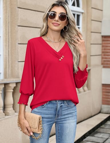 LOMON Blouses for Women Dressy Casual 3/4 Length Sleeve Womens Tops with Buttons Decor3