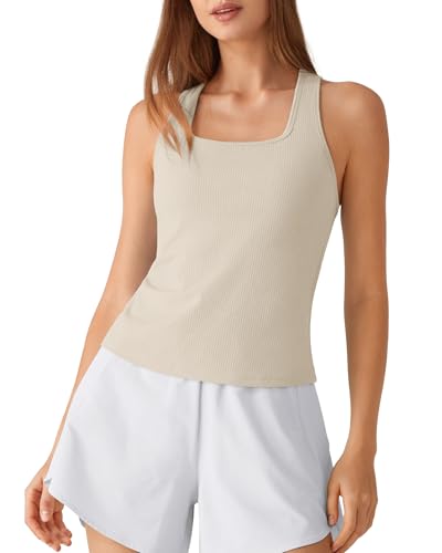 Image of G4Free Ribbed Removable Built in Bra Workout Tank Tops Woman Racerback Square Neck Yoga Top Lightweight Athletic Tanks