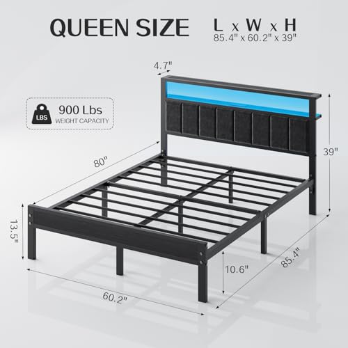 Image of OLEVS Queen Size Bed Frame with LED Lights & Charging Station, Modern Platform Bed with 2-Tier Storage Headboard, No Box Spring Needed, Noise Free