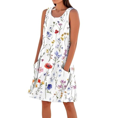 Sommerkleid Damen Ärmellos Leinenkleid Strandkleid Casual Rundhals Midikleid A-Linie Kleid mit Taschen,Weiß,M