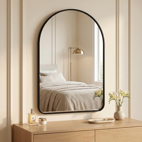 Image of HARRITPURE 26 inchx38 inch Arched Bathroom Mirror, Wall Mounted Mirror, Black Arch Mirror, Aluminum Alloy Frame Wall Mirror for Living Room, Bedroom, Entryway