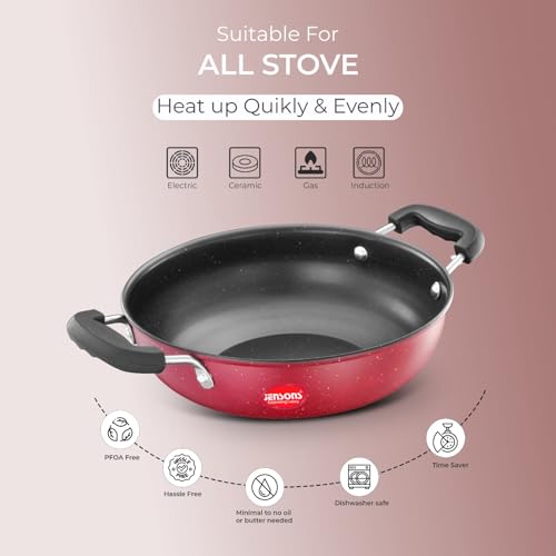 Image of JENSONS Premium Wellness Red Non-Stick Kadhai | Cool Touch Bakelite Handles | Pure Grade Iron| PFOA Free|1.7 litres Capacity | Size 22 cm Kadai |