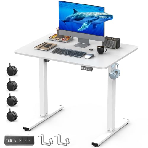 Xyndyx 32' Small Electric Rolling Standing Desk Adjustable Height, Mobile Sit Stand up Desk with Lockable Casters for Home Office & Computer Workstation, Splice Board, 2 Hooks, White Frame/White Top