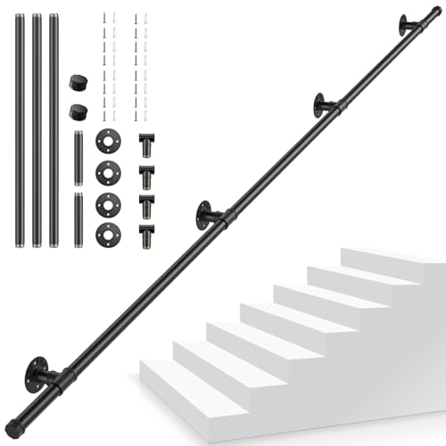 Pasamanos Escalera, 2,5M Pasamanos para Escaleras Interior Exterior, Pasamanos Negro con tubo de acero Galvanizado Industrial Antideslizante, Barandilla Escalera para Cocina Baño Jardín