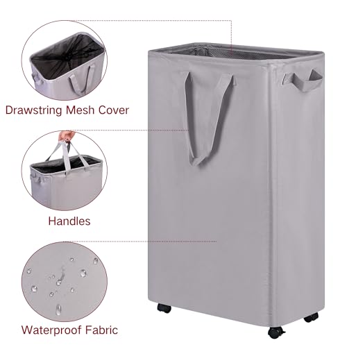 efluky Slim Laundry Hamper with Wheels, Rolling Laundry Basket for Clothes, Small Laundry Basket for Bedroom, Dorm and Laundry Room, 75L (19.8 Gallons) Grey