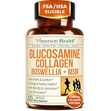 Glucosamine Chondroitin with 1200mg Hydrolyzed Collagen Peptides, Boswellia Extract, Quercetin, Bromelain, MSM Hair Skin Nails and Joint Supplement for Women & Men FSA Eligible 120 Capsules