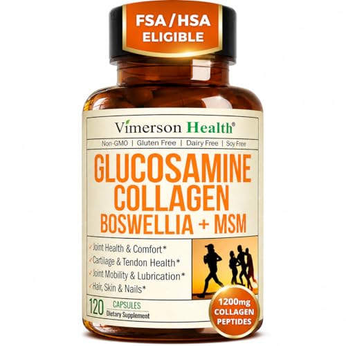 Glucosamine Chondroitin with 1200mg Hydrolyzed Collagen Peptides Boswellia Extract Quercetin Bromelain MSM Hair Skin Nails and Joint Supplement for Women & Men FSA Eligible 120 Capsules