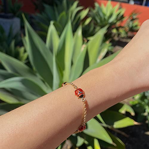 14K Yellow Gold Polished Enameled Ladybugs with .75" ext. Chain Bracelet 6.5"3