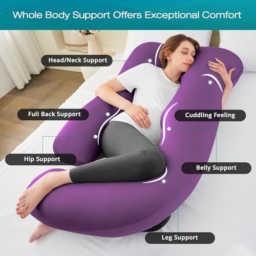 Image of Cooling Pregnancy Pillows for Sleeping, 65'' Full Body Pillow, Purple | Sasttie Maternity Pillow, OEKO-TEX, Down Alternative, Removable Cover, Pregnant Women Must Haves, Maternity Essential