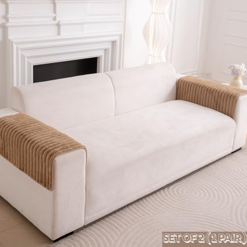 Image of HOMETHREADS 600GSM Thick & Soft Rabbit Fur Plush Sofa Cover-Luxurious Cozy Slipcover, Washable & Pet-Friendly, Anti-Scratch Protector for Sofas (Faux Linning Brown, 2Pc Armrest | 70x50cm)