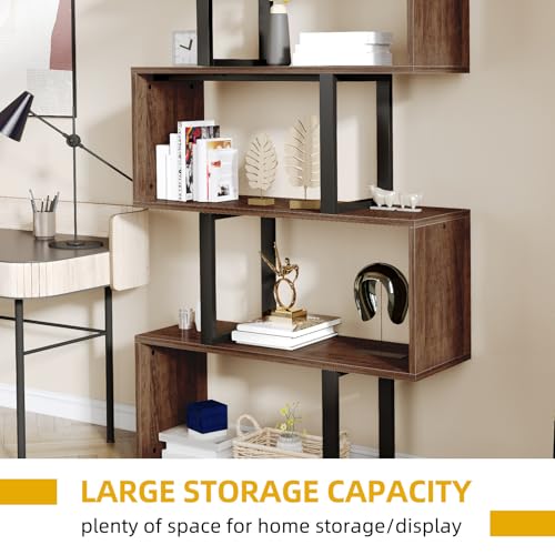 DWVO Geometric Bookshelf, 5-Tier Bookshelf S-Shaped Bookshelves, Industrial Geometric Bookcase Freestanding Multifunctional Storage Shelving for Living Room Home Office, Retro Brown