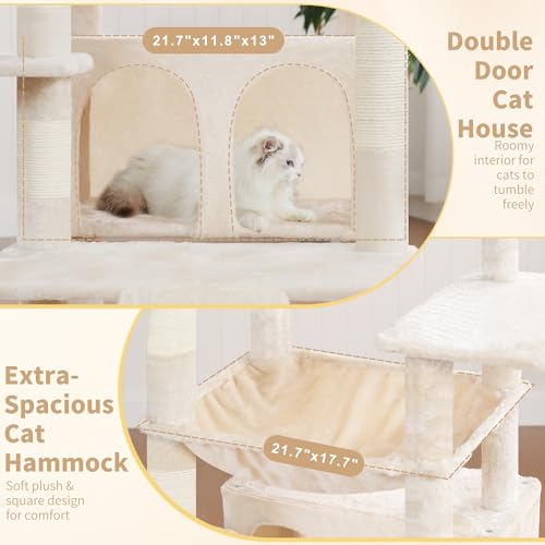 Image of Heybly Tall Cat Tree for Large Cat, 80-inch Multi-Level Cat Tower HCT038M | Condo Furniture for Indoor Cats with Large Baseboard, 2 Widened Plush Perches, Scratching Board, Big Caves, Beige