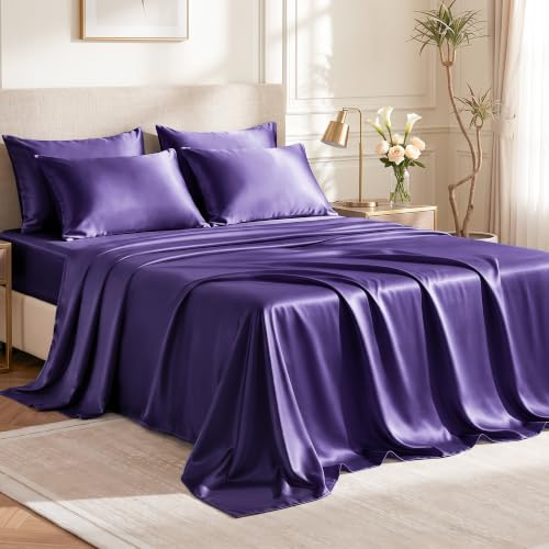 Love's cabin Satin Full Sheets Set, 6 Pieces, Purple, 15" Deep Pocket