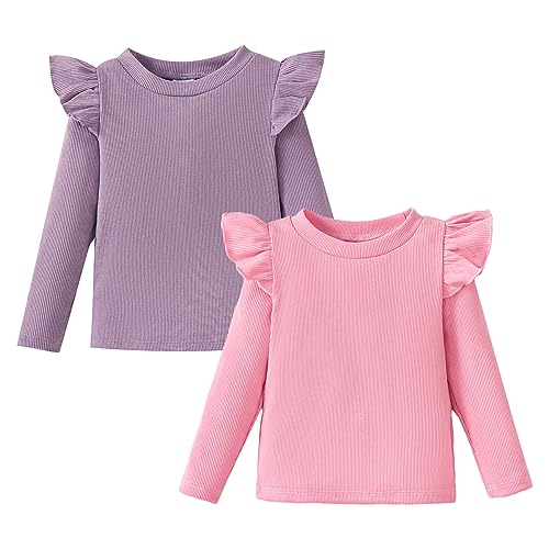 Image of OPAWO Toddler Long Sleeve Shirt Girl Ruffle Sleeve Ribbed Tops Tees Blouses