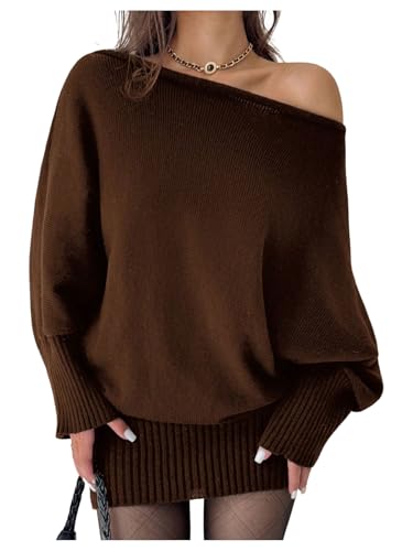 GORGLITTER Women's Asymmetrical Off Shoulder Jumper Dresses Rib Knit Long Sleeve Mini Trendy Fall Winter Dress Coffee Brown Small