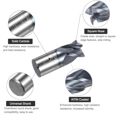 Image of uxcell Carbide Square End Mill, 3 /4 inch Diameter AlTiN Coated 4 Flutes Milling Bit Cutter, for Carbon Steel Alloy Steel Titanium Metal, 3 /4 inch Shank 15 /16 inch Cut Length 2 inch Long HRC45