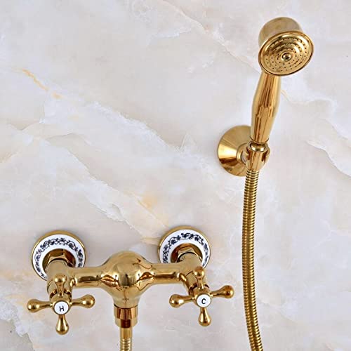 Mitigeur double poignées or poli avec douchette pour douche haute pression