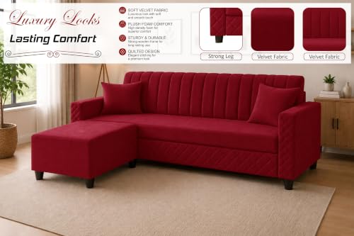 Image of 3 Seater Velvet Sofa with Ottoman | Modern Upholstered Couch | Quilted Design | Soft Comfortable Seating | Sturdy Wooden Frame | Living Room, Office - Red