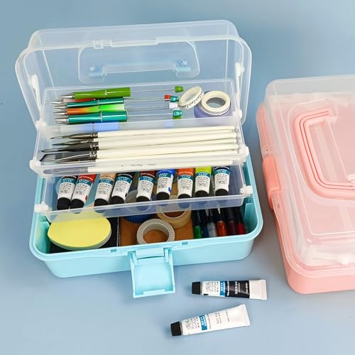 Image of Tackle Box Organizers and Storage,10inch Craft Organizers and Storage,Three-Layer Sewing Box With 2 Trays,Medicine Storage Box With Handle For Nail、Makeup、Diamond Painting、Building Blocks (BLUE)